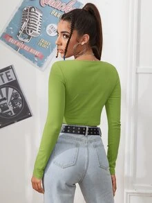 SHEIN EZwear 拉鏈開襟羅紋針織短版t恤 - 橄欖綠 - 查看 2