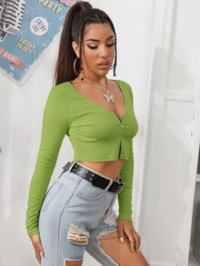 SHEIN EZwear 拉鏈開襟羅紋針織短版t恤 - 橄欖綠 - 查看 3