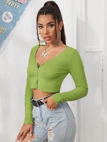SHEIN EZwear 拉鏈開襟羅紋針織短版t恤 - 橄欖綠 - 查看 5