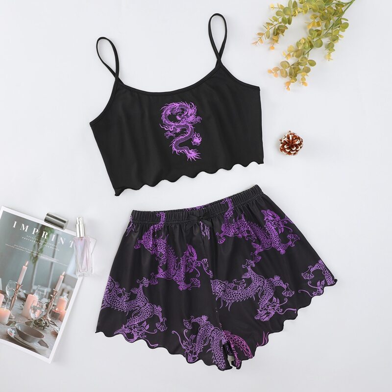 

Chinese Dragon Print Lettuce Trim Cami Pajama Set, Multicolor