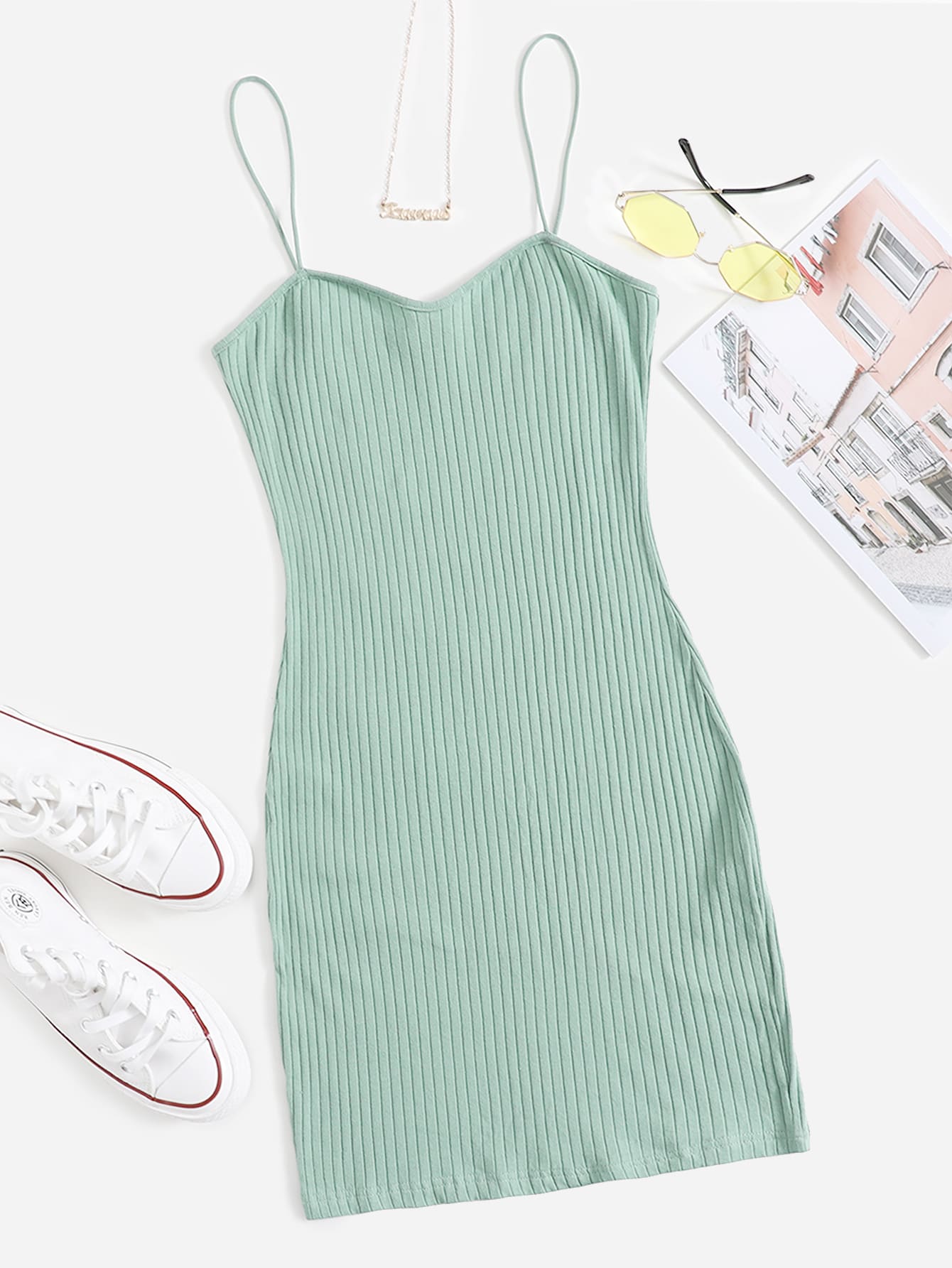 SHEIN EZwear Đầm Gân đan màu trơn Giải trí - Màu xanh Bạc hà - Xem 1