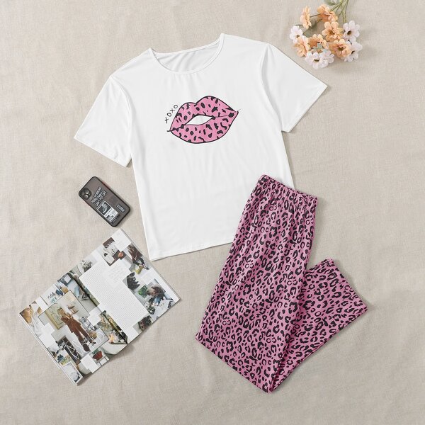 

Plus Lip And Leopard Print PJ Set, Multicolor