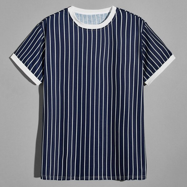 

Men Contrast Binding Striped Tee, Navy blue