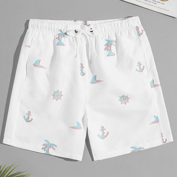 

Men Tropical Print Swim Trunks, White