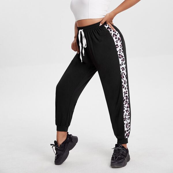 

Plus Contrast Panel Drawstring Sports Pants, Black