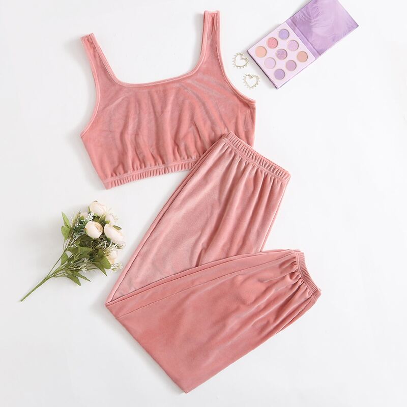 

Plus Velvet Crop Tank Top With Pants PJ Set, Coral pink
