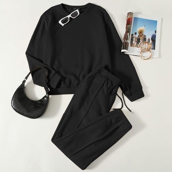 

Solid Pullover & Seam Front Sweatpants Set, Black