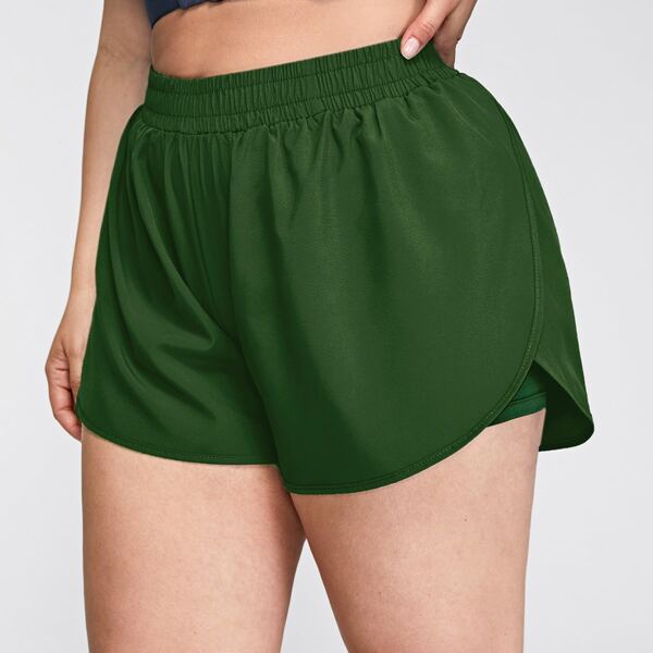 

Plus Solid Elastic Waist Sports Shorts, Dark green