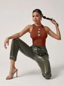 SHEIN BAE 素色合身短版背心上衣 - 鏽棕色 - 查看 4