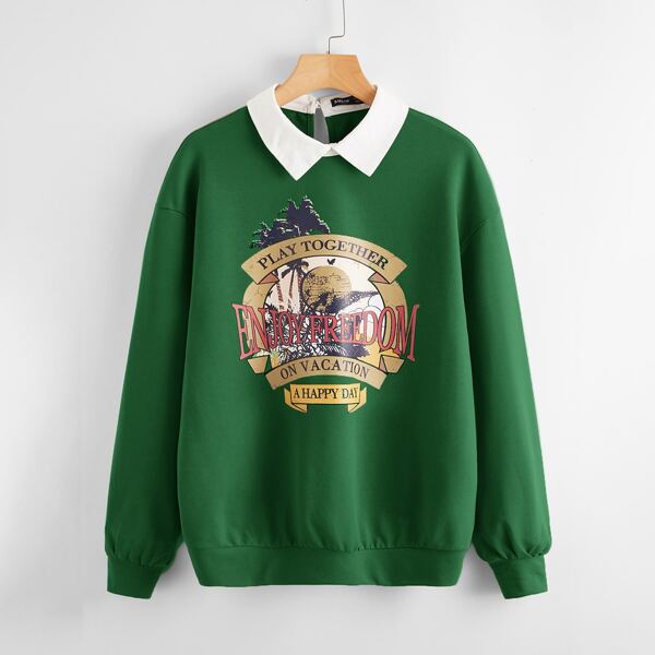 

Drop Shoulder Contrast Collar Letter Graphic Pullover, Dark green