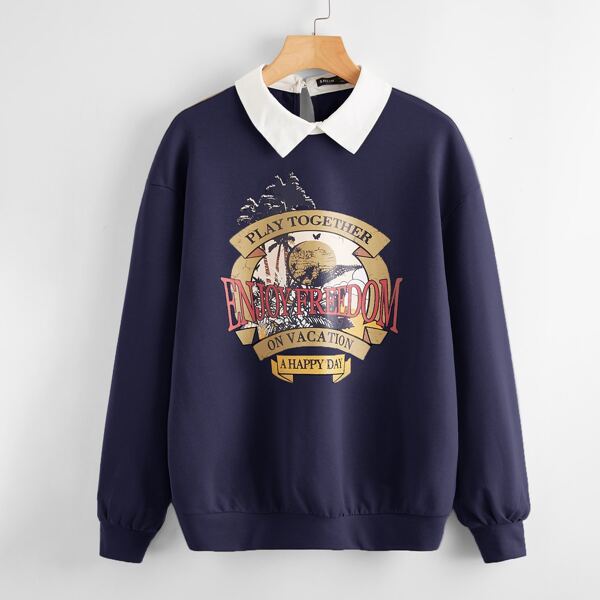 

Drop Shoulder Contrast Collar Letter Graphic Pullover, Navy blue