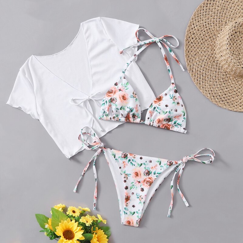 

3pack Floral Bikini Swimsuit With Cover Up, Multicolor