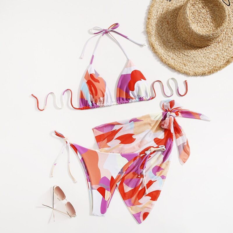

3pack All Over Print Bikini Swimsuit With Beach Skirt, Multicolor