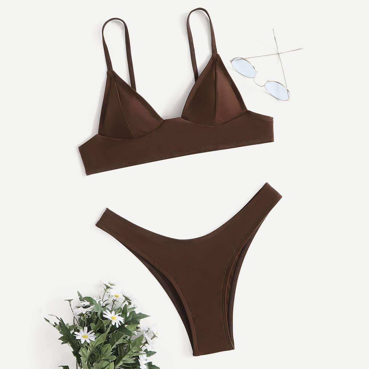 

Simple Solid Bikini Swimsuit, Brown