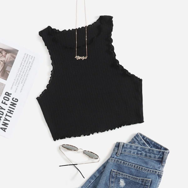

Letter Graphic Rib-knit Tank Top, Black