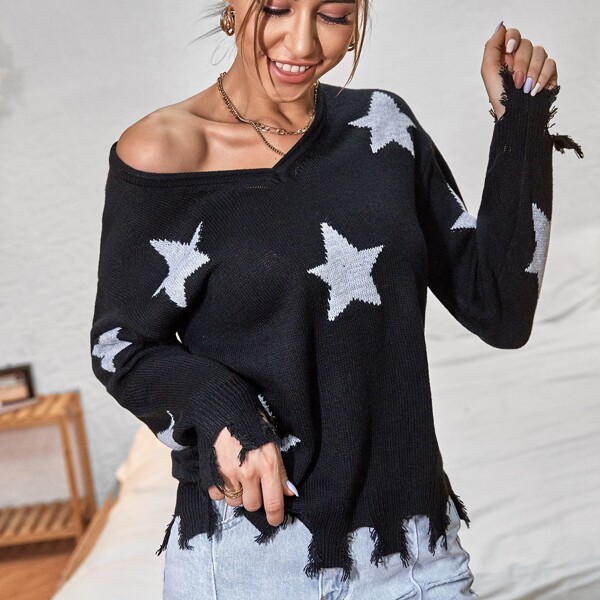 

Star Pattern Distressed Hem Sweater, Black