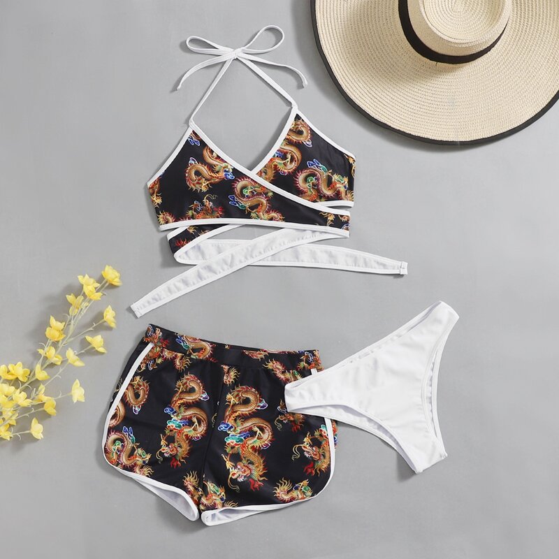 

3pack Dragon Print Bikini Swimsuit, Black