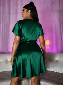 Plus Tie Side Wrap Satin Dress - Dark Green - View 2