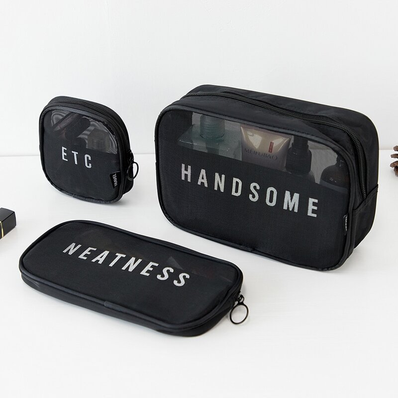 

3pcs Letter Graphic Toiletries Storage Bag, Black