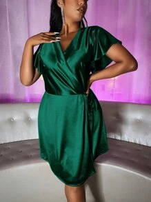Plus Tie Side Wrap Satin Dress - Dark Green - View 4