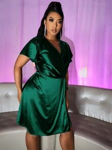 Plus Tie Side Wrap Satin Dress - Dark Green - View 5