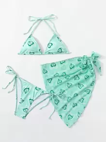 3 件装心形比基尼套装带沙滩裙，适合夏季度假 - 綠色 - 查看 1