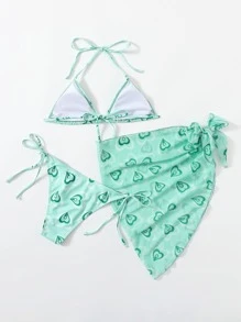 3 件装心形比基尼套装带沙滩裙，适合夏季度假 - 綠色 - 查看 2