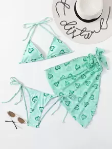 3 件装心形比基尼套装带沙滩裙，适合夏季度假 - 綠色 - 查看 5