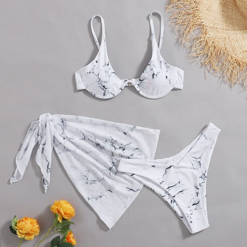 

3pack Marble Bikini Swimsuit With Beach Skirt, Black and white