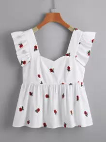 SHEIN EZwear Top peplum con bordado floral ribete con fruncido - Rojo y blanco - Ver 1