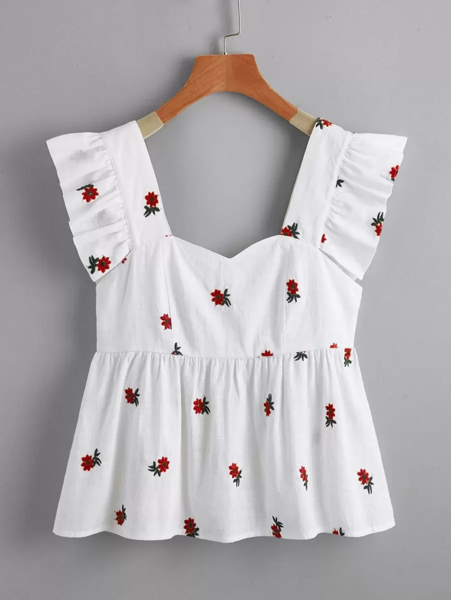 SHEIN EZwear Top peplum con bordado floral ribete con fruncido - Rojo y blanco - Ver 1