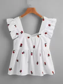 SHEIN EZwear Top peplum con bordado floral ribete con fruncido - Rojo y blanco - Ver 2