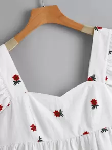 SHEIN EZwear Top peplum con bordado floral ribete con fruncido - Rojo y blanco - Ver 4