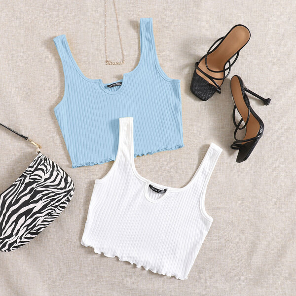 

2 Pack Notched Neck Rib-knit Tank Top, Multicolor