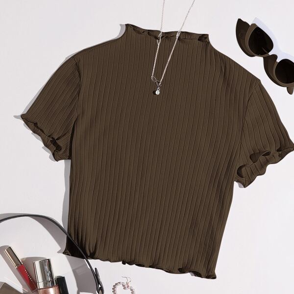 

Lettuce Edge Rib-knit Tee, Coffee brown