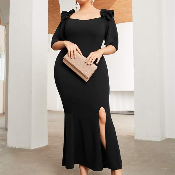 

Plus Flutter Sleeve Ruffle Detail Split Thigh Dress, Black