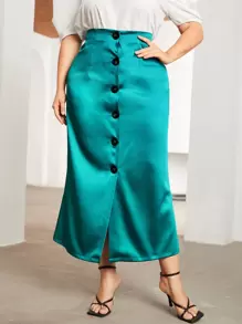 SHEIN Falda unicolor con botón - Agua verde azul - Ver 1