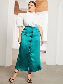 SHEIN Falda unicolor con botón - Agua verde azul - Ver 3