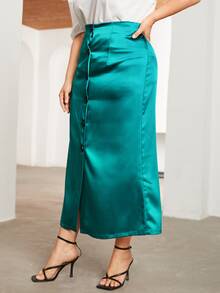 SHEIN Falda unicolor con botón - Agua verde azul - Ver 4