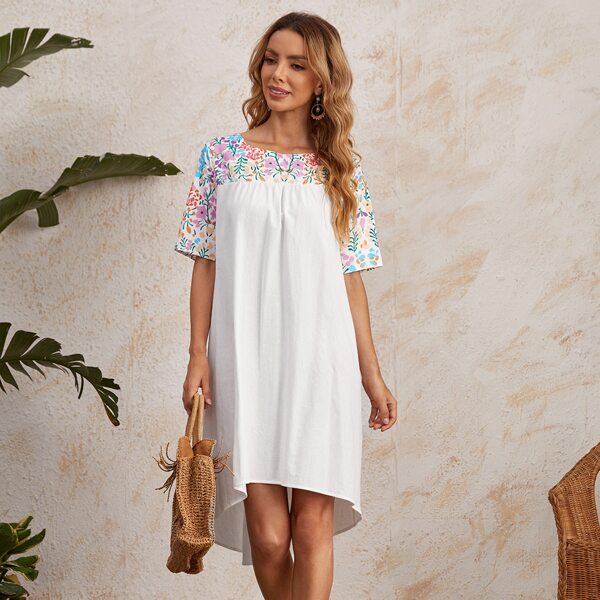

Floral Print Yoke High-low Hem Dress, White