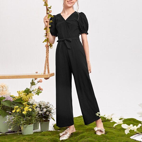 

Teen Girls Surplice Neck Flounce Sleeve Belted Jumpsuit, Black