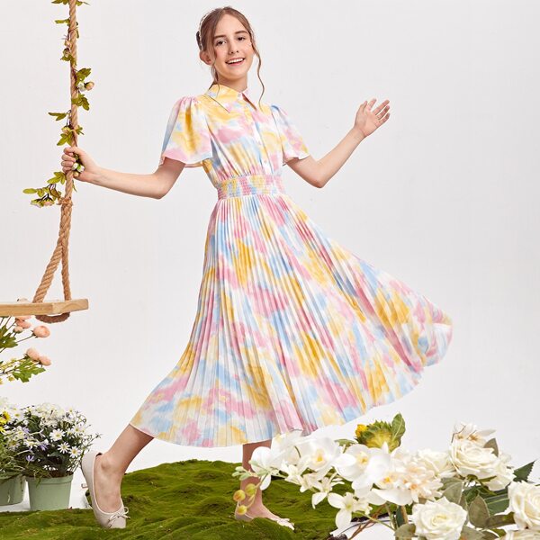 

Teen Girls Tie Dye Shirred Waist Pleated Shirt Dress, Multicolor
