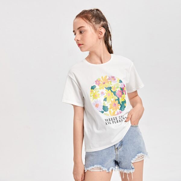 

Teen Girls Slogan and Floral Tee, White