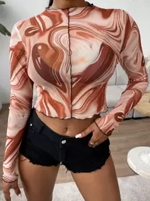 Marble Print Lettuce Trim Top - Multicolor - View 1