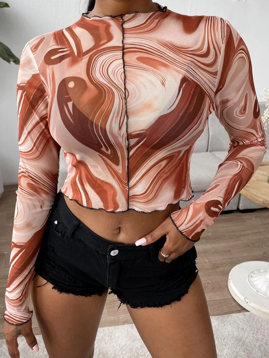 Marble Print Lettuce Trim Top - Multicolor - View 1