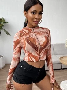 Marble Print Lettuce Trim Top - Multicolor - View 5