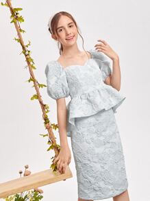 SHEIN 青少年女孩雞心領花卉提花荷葉邊下擺上衣和半身裙套裝 - 淺藍色 - 查看 1