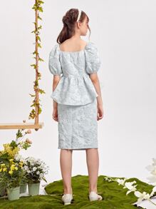 SHEIN 青少年女孩雞心領花卉提花荷葉邊下擺上衣和半身裙套裝 - 淺藍色 - 查看 2