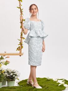 SHEIN 青少年女孩雞心領花卉提花荷葉邊下擺上衣和半身裙套裝 - 淺藍色 - 查看 3