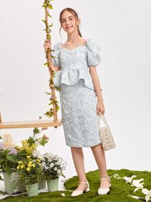 SHEIN 青少年女孩雞心領花卉提花荷葉邊下擺上衣和半身裙套裝 - 淺藍色 - 查看 4